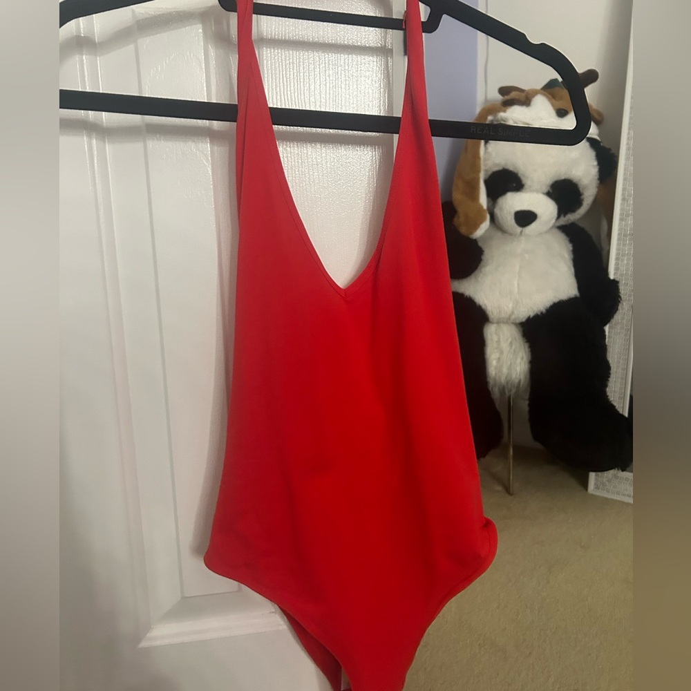 garage Plunge Halter Bodysuit in Red